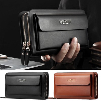 Mens Long Wallet Leather Zipper Large Phone Holder Bag Business Clutch Handbag 