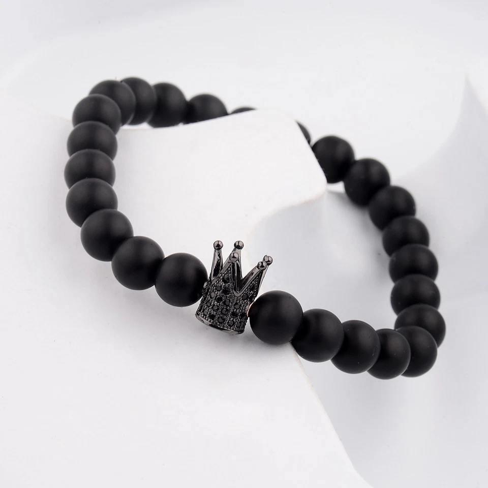 Juego de 2 piezas de pulsera con cuentas de piedras preciosas de ágata mate corona y cruz chapada en rodio para hombre Foto 3 de 4