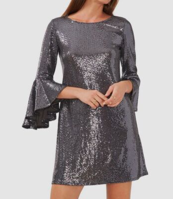 vince camuto silver dress Metallic Flounced Sleeve Dress