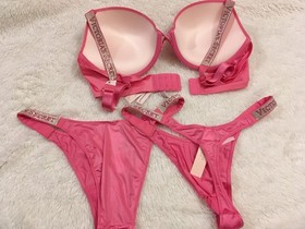 VICTORIA'S SECRET SHINE STRAP PADDED Bra Thong & Brazilian Set 36D/M Rose Garden