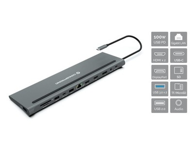 Conceptronic DONN17G CONCEPTRONIC 12-1 Dock USB-C->2xHDMI,USB2.0/3.0,+    18cm g