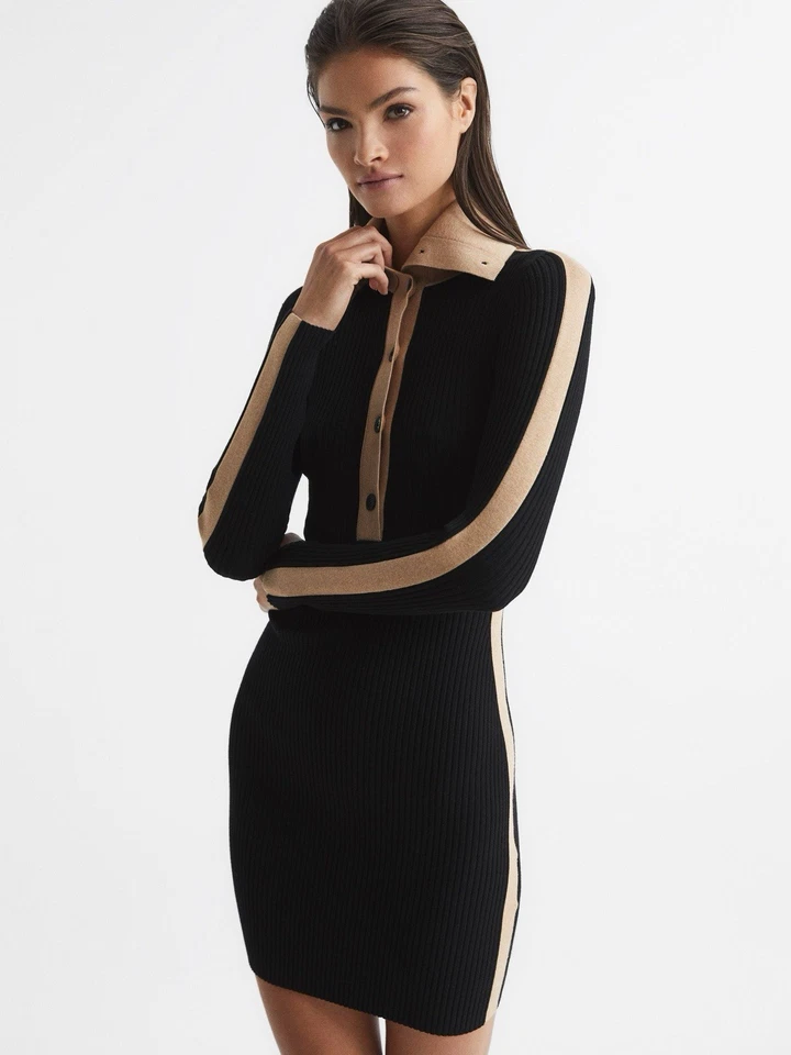 Reiss Black Danielle Robbed Colour block Mini Dress Size UK M MEDIUM £185.00 💫 - Image 2 of 4
