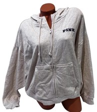 Victorias Secret Pink Hoodie Full Zip Gray Blue Embroidered P Logo Size Lg