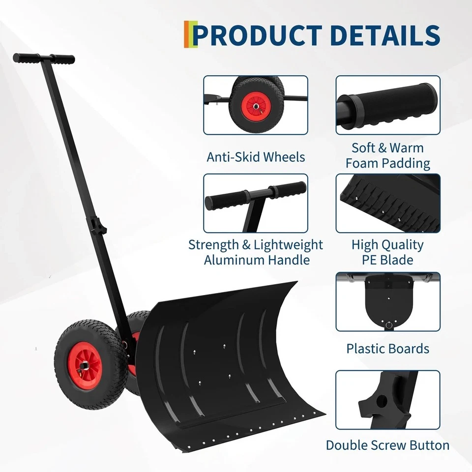 Snow Shovel with Wheels Durable Metal Snow Removal Pusher Plow for Driveway 29" - Image 4 of 4