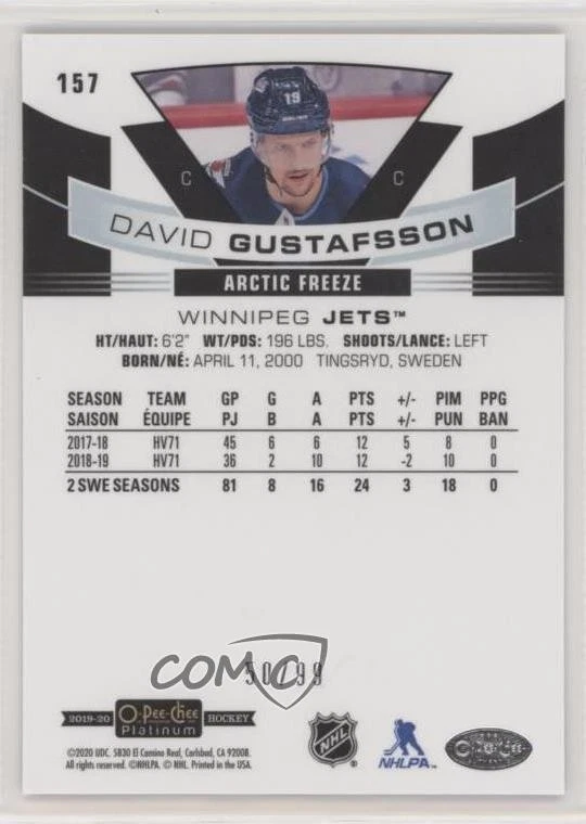 2019-20 O-Pee-Chee Platinum Arctic Freeze /99 David Gustafsson #157 Rookie RC - Image 2 of 2
