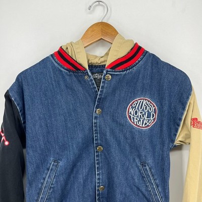 Stussy World Tribe Denim Varsity Jacket Women's Size XS Blue
