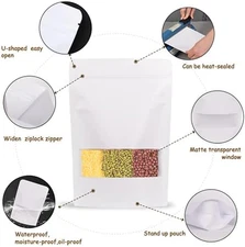 50pcs Kraft Bags with Window 5.9x8.6 Inches White Reusable Sealable Zip Lock Foo