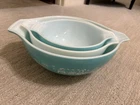 Pyrex Amish Butterprint Cinderella style mixing bowls with handles - turquoise