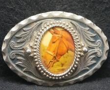 XB11163 NICE VINTAGE 1970s HORSE HEAD FLORAL ANIMAL ARTWORK MENS BELT BUCKLE