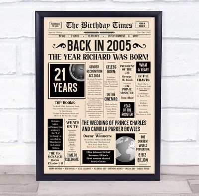 Born In 2005 Newspaper Birthday Facts Any Year Any Age Personalised Print