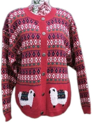 #ad Northern Isles Nordic Print Sheep Red Women Large Sweater Button Up Chunky Knit $69.88