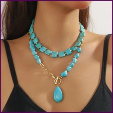 Available Necklace for Women Natural Turquoise Beaded Jewelry Double Teardrop