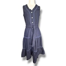 Nicole Miller Navy Blue Linen Blend Tiered Midi Dress Boho Tie Waist XS Feminine