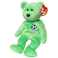 1999 vintage TY Beanie Babies green teddy bear with soccer ball named kicks