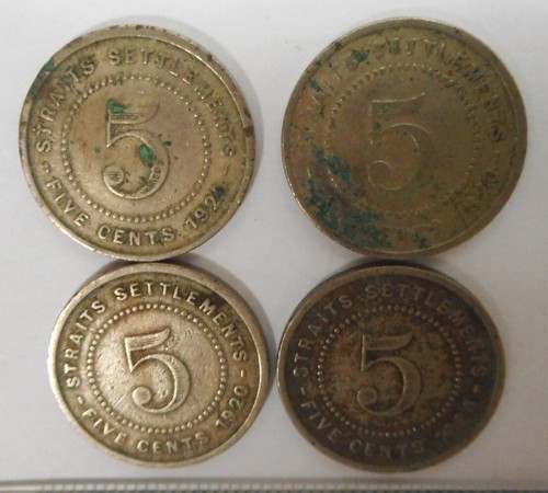 4 British Straits Settlements 5 / Five cents Nickel coins 1920 KGV King George - Picture 3 of 6