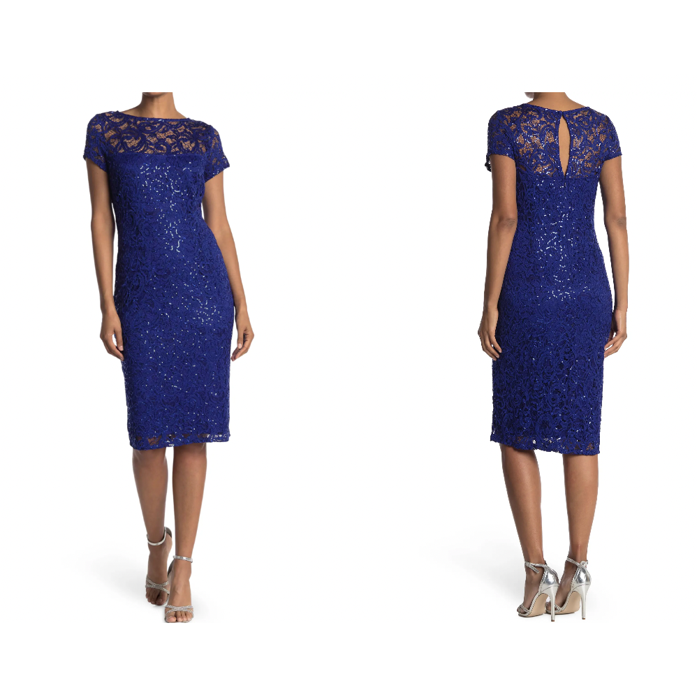 NWT MARINA Sequin Lace Cap Sleeve Sheath Dress Blue Wedding Cocktail S  Small | eBay