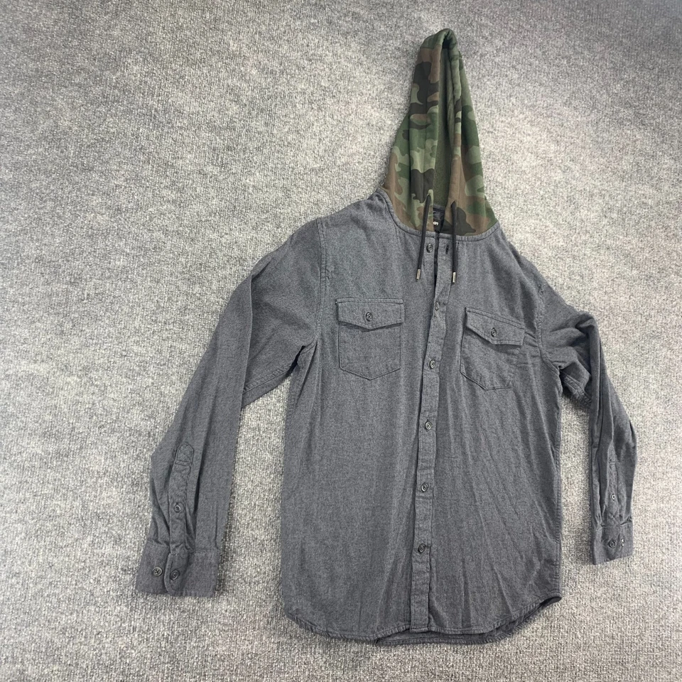 Urban Pipeline 纽扣衬衫男式大号灰色迷彩连帽口袋长袖 — 第 2/4 张图片