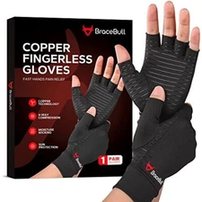 BraceBull Arthritis Gloves 2 Count Copper Infused Fingerless Compression Glov...