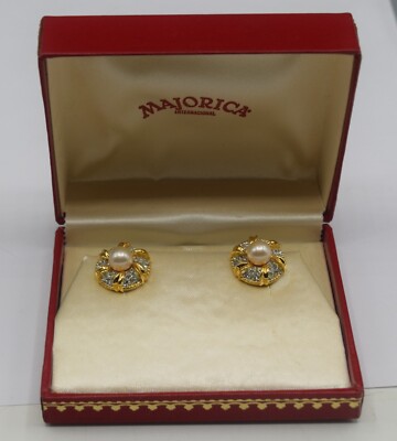 MAJORICA ESTATE JEWELRY FAUX PEARLS AND DIAMONDS EARRINGS VINTAGE ORIGINAL BOX