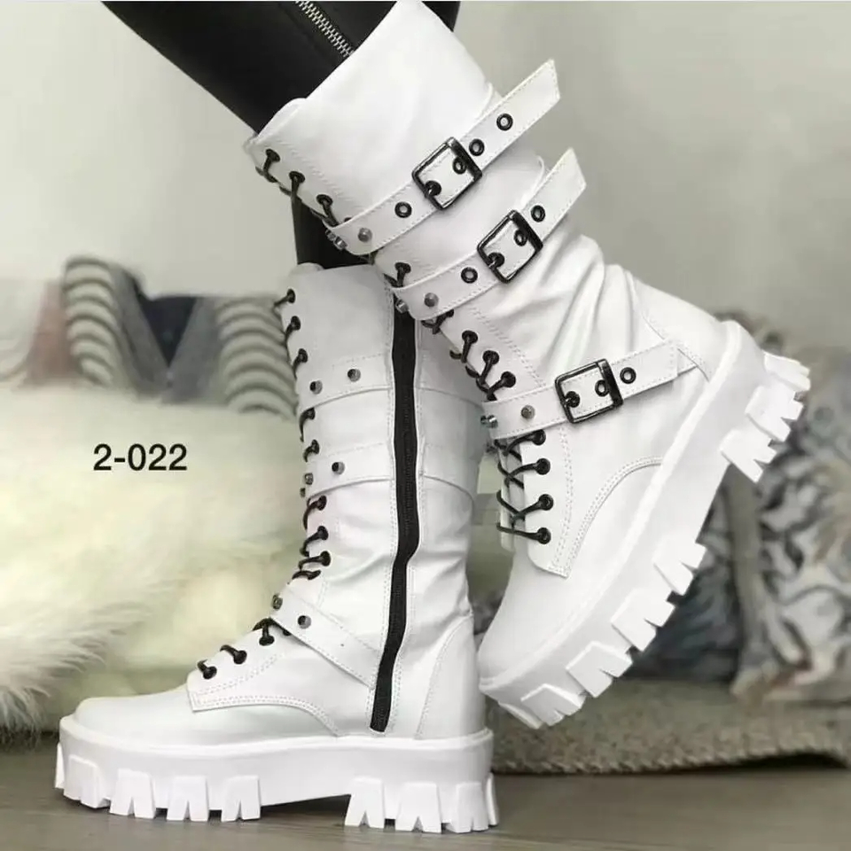 Fashion Lace-up Zipper Mid Calf Boots Belt Buckle Platform Boots | eBay