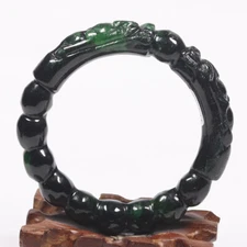 56mm Black Emerald Green Jadeite Jade Bangle Bracelet Hand-carved Dragons 09169