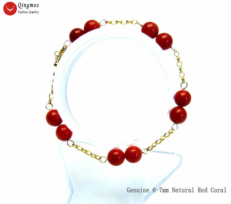 Genuine Solid 18K Gold Chain Bracelet for Women & Round Red Coral Bracelet 7.5" - Image 3 of 4