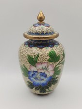 Vaso in porcellana Potiche dipinto a mano antico - bordo in ottone dorato