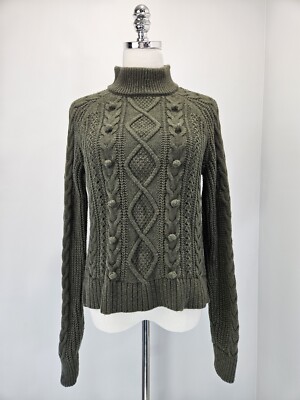 J Crew Azra Pom Pom Cable Knit Sweater Olive Green Mock Neck Preppy size Small
