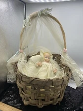 MMI Porcelain Musical Infant Basket Beige Dress Baby Music Doll