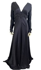 PAMELLA ROLAND Plunge Black Silk Satin Long Formal Dress