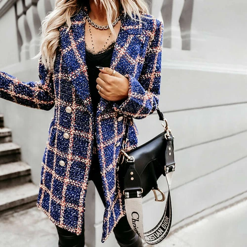 Women's Stylish Check Print Wool Blazer Coat Ladies Long Sleeve Collared Jacket - Picture 46 of 52