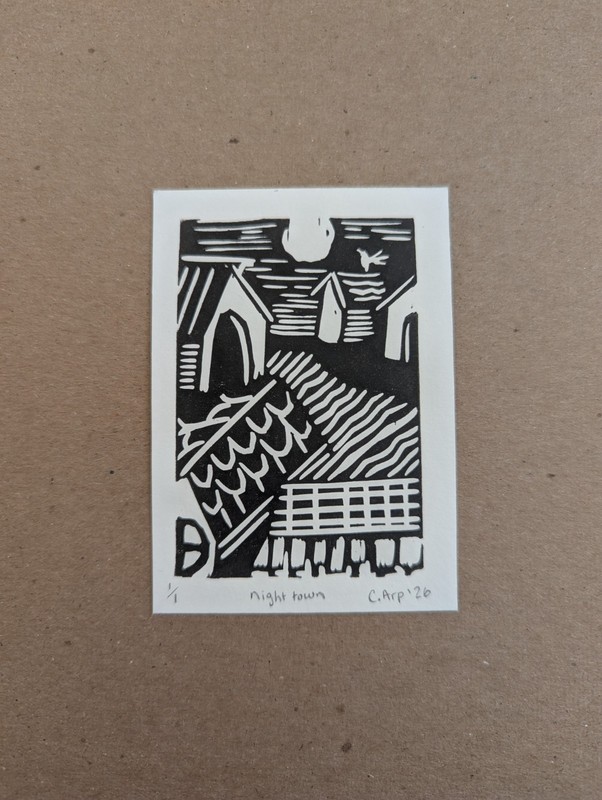 ACEO linocut townscape, architecture, black and white