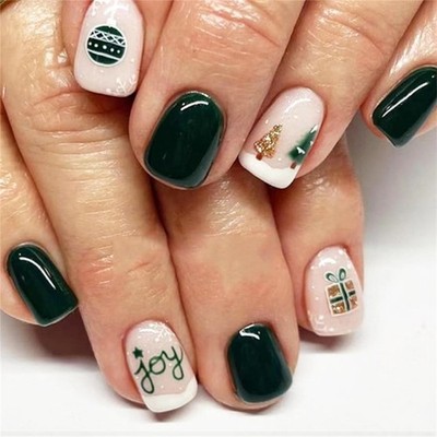 Short Square False Nail Christmas Tree Artificial Nail Green Press On Nail