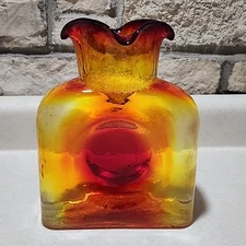 Classic Blenko Tangerine Water Bottle 8” W/Label Amberina 4 Way Spout 40oz