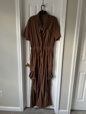 Fashion Nova Collared Button-Up Short Sleeve Wide-Leg Jumpsuit XL Brown Pockets