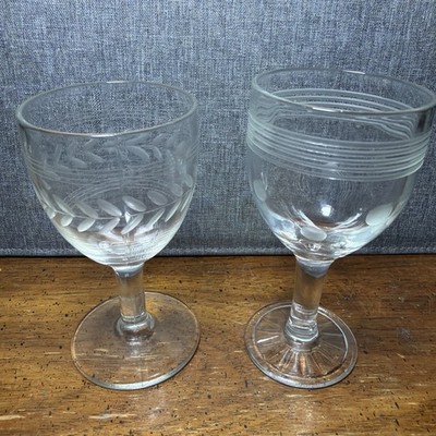 Lot Of Two Small Vintage Wine Glasses Etched Approx 4.5 