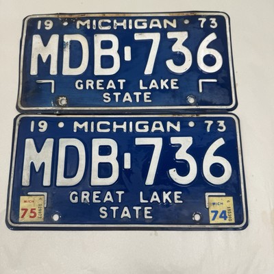 1973 Michigan State Passenger License Plate PAIR Set Great Lakes State MDB-736