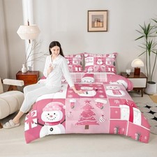 Xmas Comforter Set Size,Snowman Christmas Tree Snowflake Queen Hotpink White