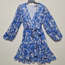 Alexis Marie Dress 14 White Blue V-neck long Sleeve Knee-length Faux Wrap 0707