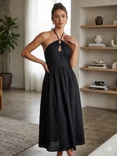 Women's Black Halter Keyhole Tie Strap Maxi Dress Sleeveless Size S