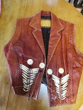 Handcrafted Leather Womans Vest Beaded Fringed Native Design Kooler Label Size M