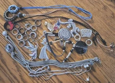 Costume Jewelry Lot of 29; Rings/Necklaces/ Pins/Scarf Rings/2 Angels
