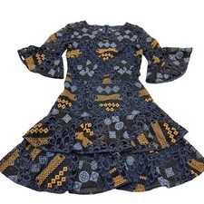 PROSE & POETRY Dress Womens X Small Blue Gold Eyelet Tiered Bell Sleeve Anthro