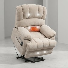 Beige chenille power lift recliner chair 8-point massage lumbar heat 350lb