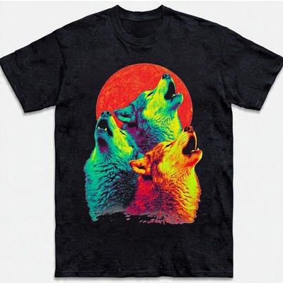 Wolves Howling Moon Neon Rainbow Psychedelic Trippy Retro Graphic Tee