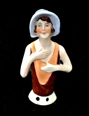 Antique GERMAN Porcelain HALF DOLL Female Brown Hair Blue Hat Brown Dress 4'' H 