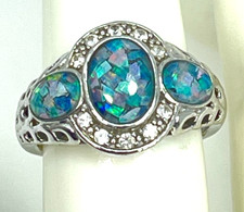 Ring 925 Silver Australian Blue Opal Doublets w/CZ Center Enhancements Size 6