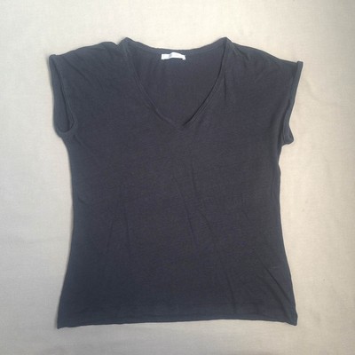 By-Bar Amsterdam Damen 100% Leinen T-Shirt Größe L Top Bluse V-Ausschnitt grau