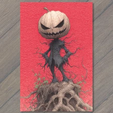 POSTCARD Pumpkin Man Tree Red Sky Roots Halloween Fall Spooky Haunted Creepy