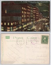 Kansas City MO Walnut Street escena nocturna postal 1913 trolley